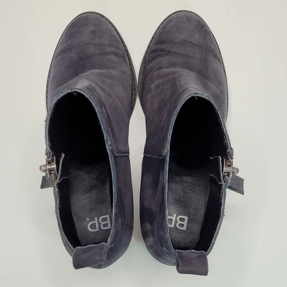 BP Navy Blue Leather Block Heeled Side Zipper Ankle Booties Size 7 - Picture 8 of 13